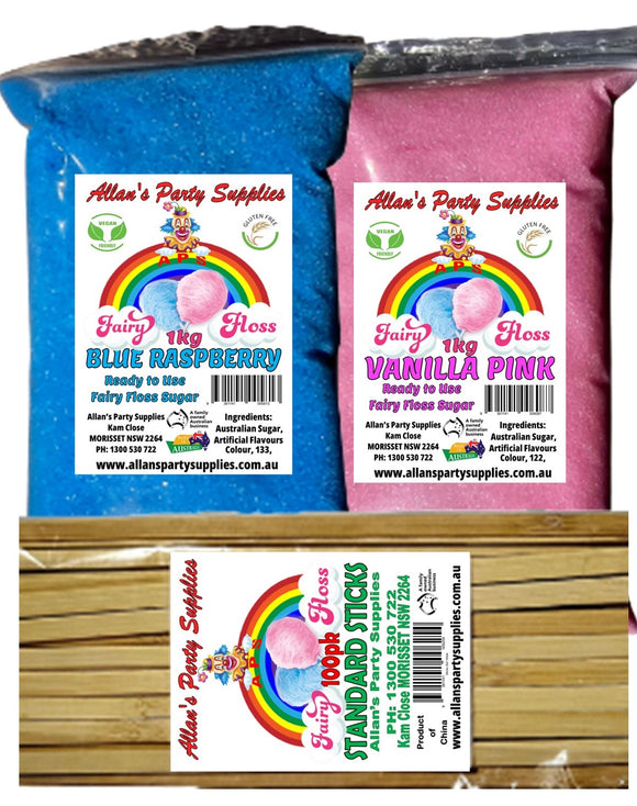 EXPRESS POST Fairy Floss  Sugar 2 x 1kg Plus 100 STICKS