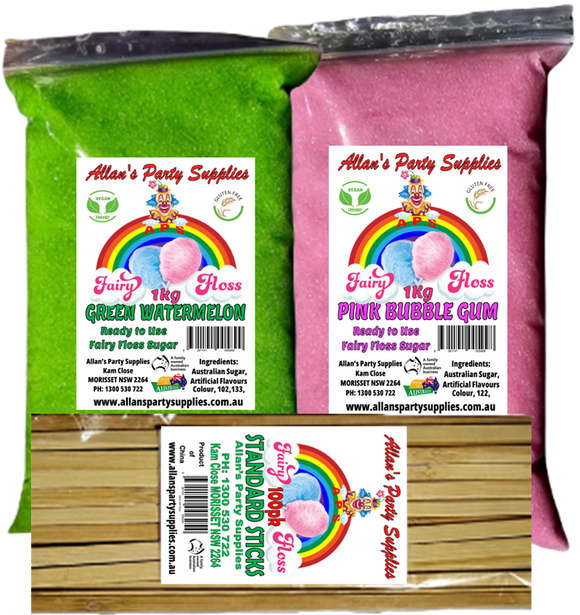 #3 APS, Fairy Floss  Sugar 2 x 1kg Plus 100 STICKS Free Delivery