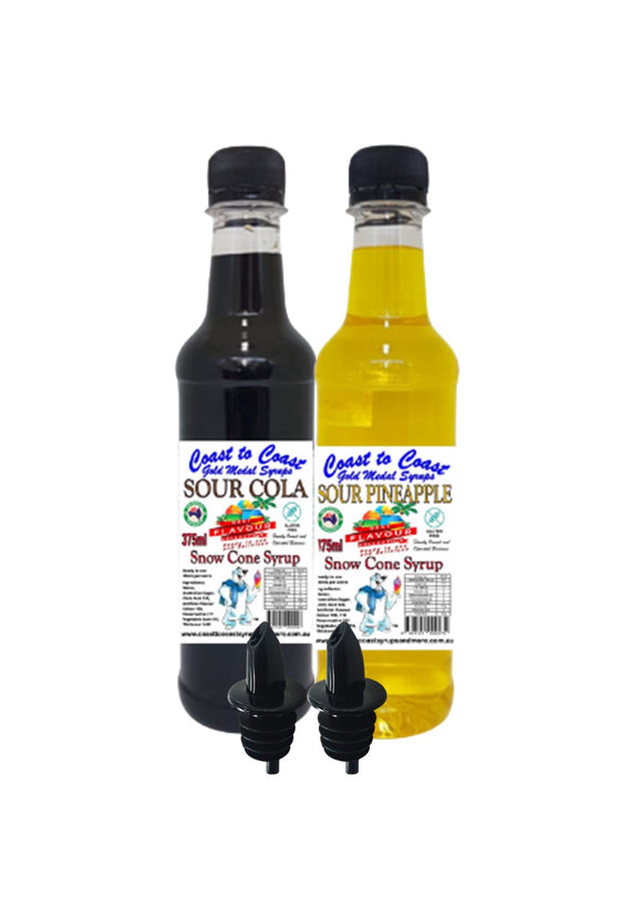 *New Sour Range, Coast to Coast Gold Medal Syrups, 2x375ml Premium Sour Snow Cone Syrup with pourers