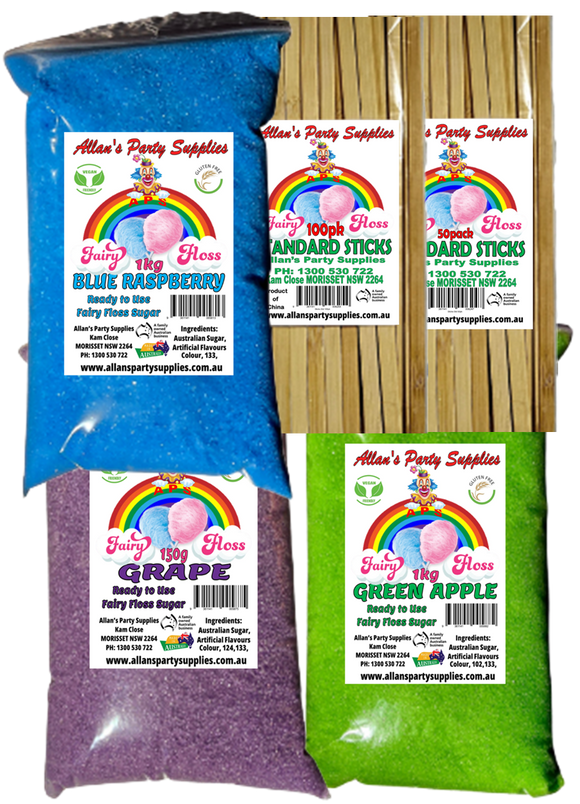 #3 APS, Fairy Floss Ready To Use Sugar 3 x 1kg Plus 150 STICKS Assorted Flavours