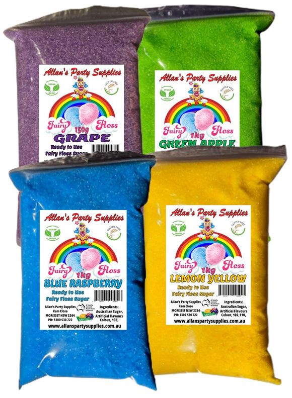 Bulk Pack Fairy Floss Sugar Pre Mixed, 4 x 1kg 200 Serves 4 Flavours