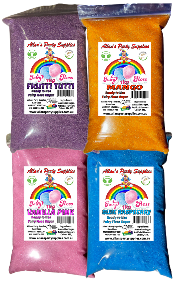 #3 APS, Express Post Pack Fairy Floss Sugar Pre Mixed, 4 x 1kg 200 Serves 4 Flavours