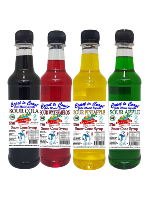 *New Sour Range, Coast to Coast Gold Medal Syrups, 4x375ml Sour Snow Cone Syrups