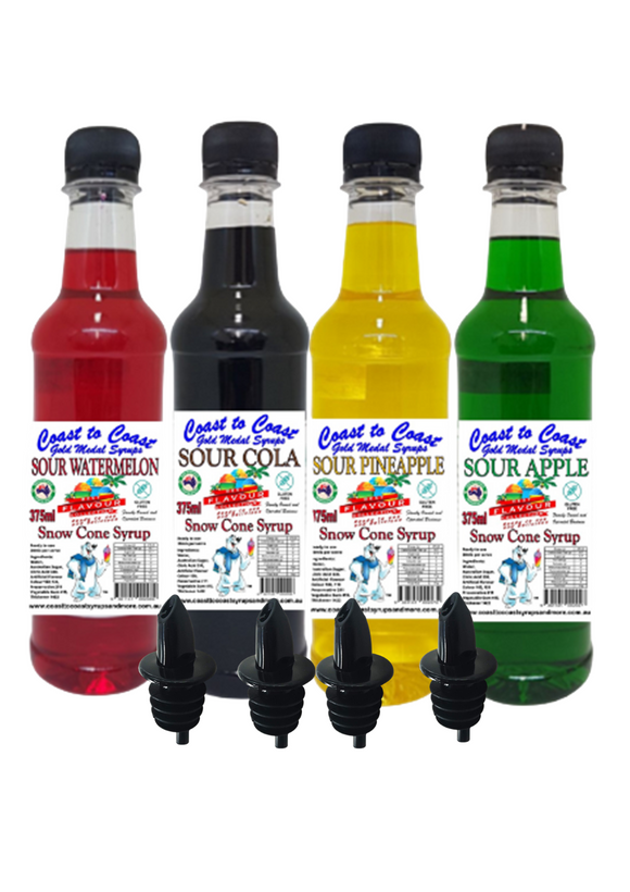 *New Sour Range, Coast to Coast Gold Medal Syrups, 4x375ml Snow Cone Syrups with Bottle Pourers