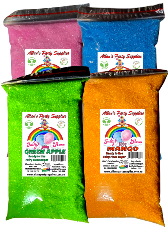 #2 APS, EXPRESS POST, 4 X 500G BAGS FAIRY FLOSS SUGAR RTU, 4 FLAVOURS,