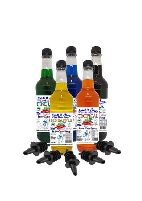 #3 Coast to Coast Gold Medal Syrups, 5 x 750 ml Snow Cone Syrup Assorted Flavours With Pourers