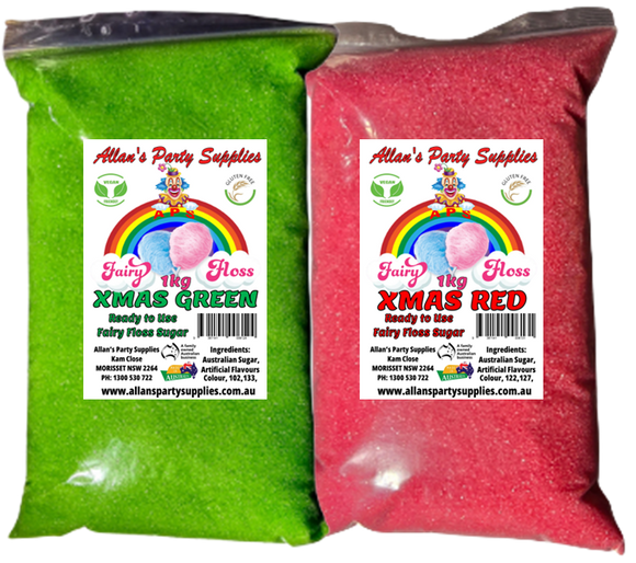 2 x 1kg Bags Xmas Green, Xmas Red, Fairy Floss Sugar Ready to Use